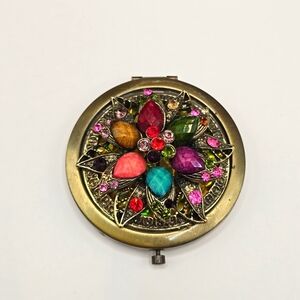 Colorful Rhinestone Cabochons Ornate Brass Mirror Compact